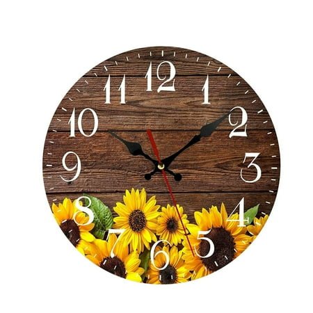 BINGLI Sunflower Wall Clock, Vintage Country Floral Silent Non Ticking Clocks, Wooden Round Easy to Read Wall Clock for Kitchen/Living Room/Bedroom/Bathroom,