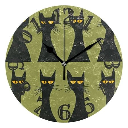 Black Cats and Green Wall Clock 10 inch Non-Ticking Easy to Read Decorative Clocks for Home Bedroom Living Room