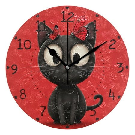 Black Cat with Butterflies Round Wall Clock Silent Battery Operated Home Decor for Living Room Bedroom
