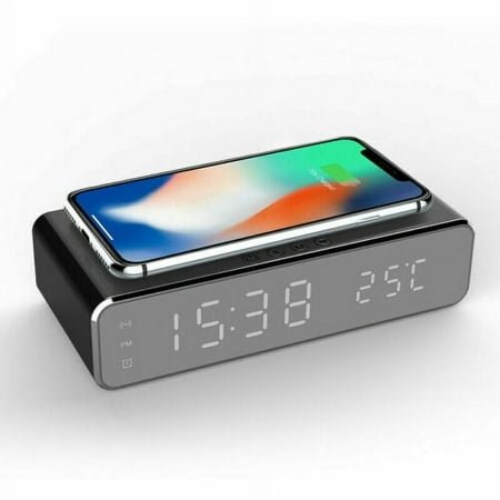 Black Wireless Phone Charger USB LED Digital Desk Alarm Clock With Thermometer