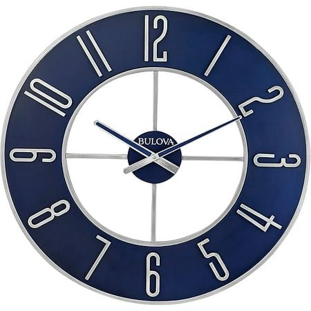 Blue Steel Oversize Wall Clock |Model C4809, 27 Diameter | Sleek Silver and Blue Finish | Contemporary Design | Battery Operated
