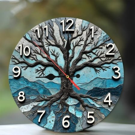 Blue Tree of Life Wall Clock Unique Decor 10-Inch Silent Wooden Wall Clock, Battery Operated (AA Batteries Not Included), Artistic Home Decor