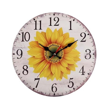 BOBOMOTI 11'' Sunflower Round Wall Clocks, Wooden Silent Non Ticking Wall Clock, Battery Operated Clocks for Home Living Room Bedroom Office