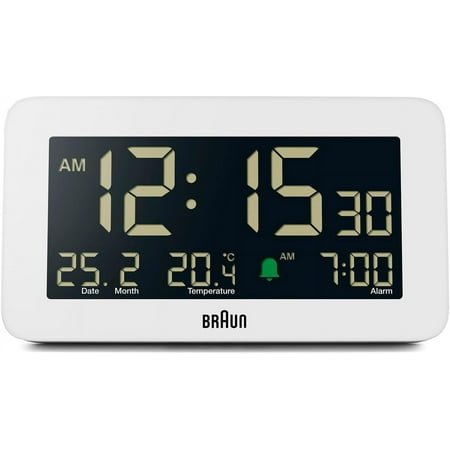 Braun Digital Alarm Clock with Date, Month and Temperature Displayed, Negative LCD Display, Quick Set, Crescendo Beep Alarm in Black, Model BC10B (1-Pack)