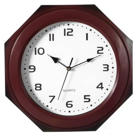 Brown Modern Decorative Octagon Shaped Wood- Looking Plastic Wall Clock for Living Room, Kitchen, or Dining Room