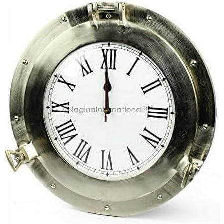 Brushed Nickel Aluminum Metal Roman Porthole Clock | Nautical Navy Decor Gifts (12 Inches)