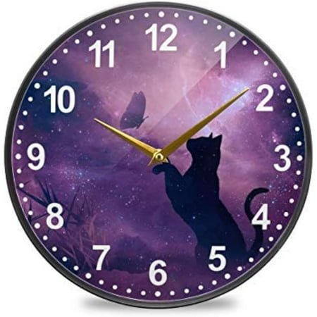 Cat and Butterfly in Purple Galaxy Starry Wall Clock Battery Operated Silent Non Ticking Clocks for Living Room Decor 12 Inch / 9.5 Inch