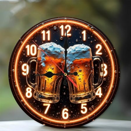 Cheers Neon Clock Beer Mug Toast 12-Inch Silent Wooden Wall Clock, Battery Operated (AA Batteries Not Included), Artistic Home Decor