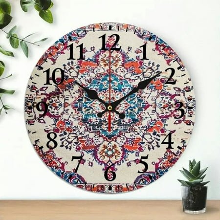 Chilfamy Medallion Design Round Wooden Wall Clock Frameless Analog Battery Operated 10-inch Decorative Clock for Living Rooms, Kitchens, Dorms, Home Decor & Gifts 10x10in