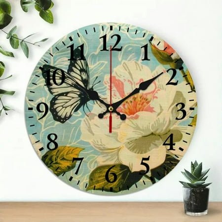 Chilfamy Wooden Wall Clock Butterfly Silk Screen Print Decor 10 inch Frameless Round Analog Wall Clock for Living Rooms Kitchens Offices, Silent Non-Ticking Battery Operated Wall Clock