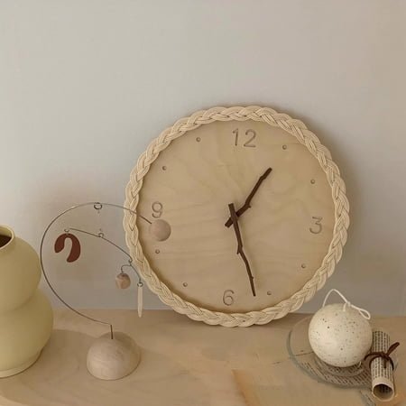 Circular Silent Wall Clock | Rattan Weave Wood Wall Hanging Decor | Natural Beige | Quiet Non-Ticking | Decorative Modern Accent | 27x27x3cm | Handmade Rustic Timepiece