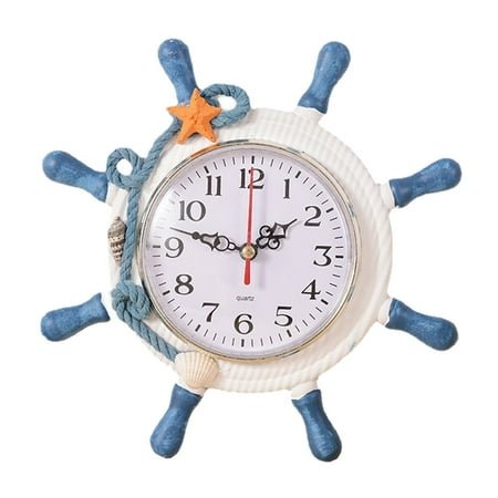 Clearance Sale! Dusknt Clock, Clock, Nautical Beach Wheel Wall Clock Maritime Time Clock Home Wall Decoration Household Supplies, 1Pc Ornament, Sky Blue