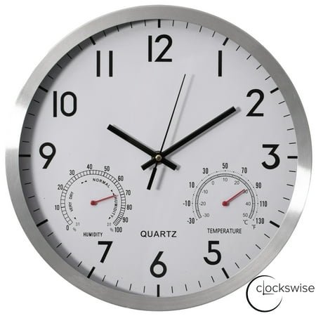 Clockswise 12-inch Non-Ticking Quartz Wall Clock with Thermometer & Hygrometer - Battery Operated Aluminum Analog Clock for Temperature & Humidity Monitoring - Ideal for Home, Office or School, Silver
