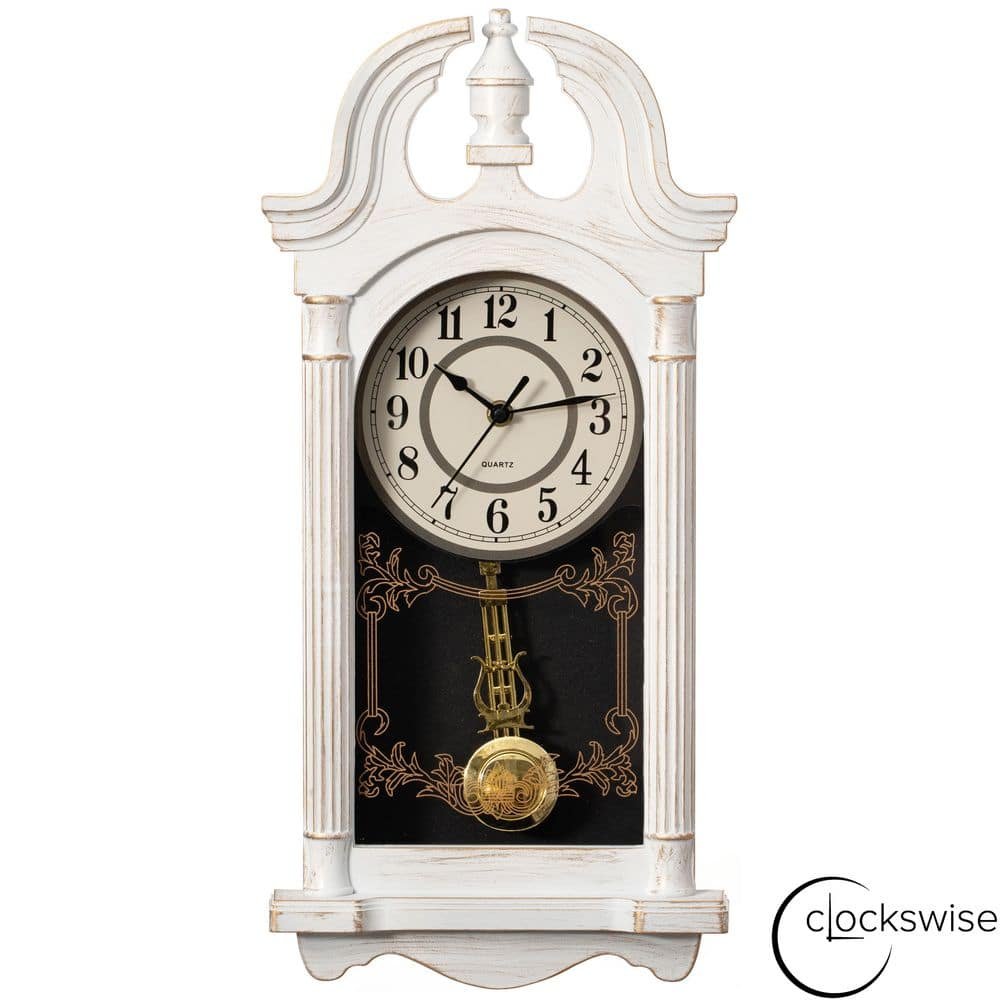 Clockswise 20 in. Vintage-Inspired Plastic Grandfather Wall Clock with Realistic Wood-Grain Finish-White
