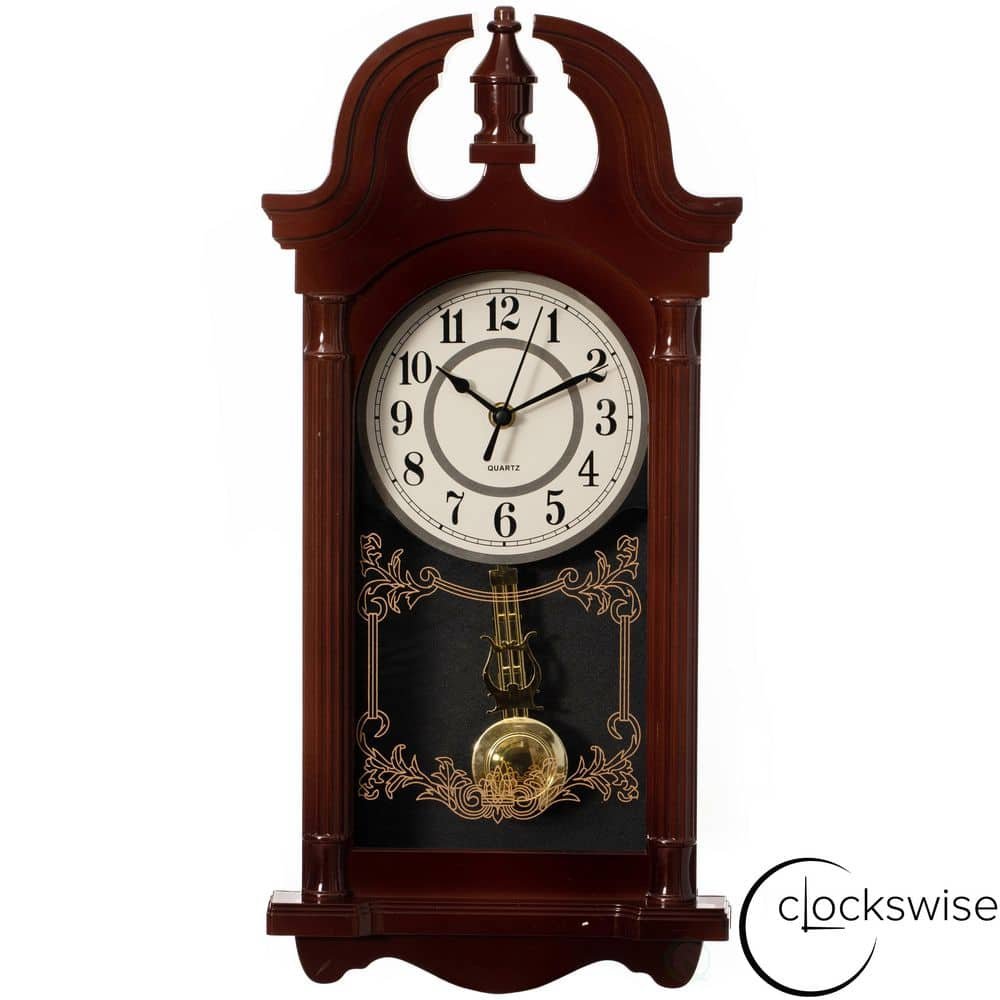 Clockswise 20 in. Vintage-Inspired Plastic Grandfather Wall Clock with Realistic Wood-Grain Finish-Brown