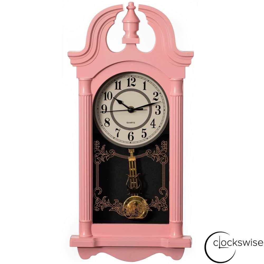 Clockswise 20 in. Vintage-Inspired Plastic Grandfather Wall Clock with Realistic Wood-Grain Finish-Pink