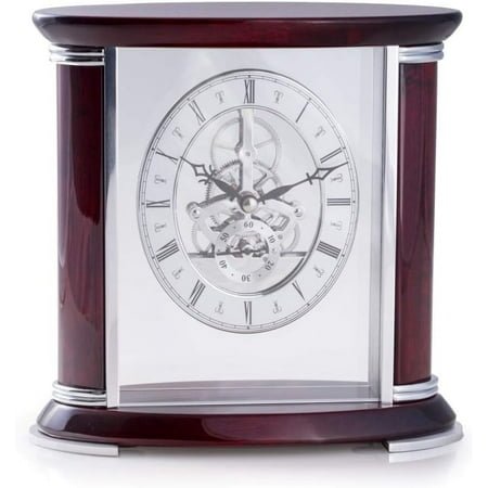 CM686 Luxemburg, Lacquered Rosewood and Stainless Steel Accents Quartz Clock with Skelton Movement, Brown