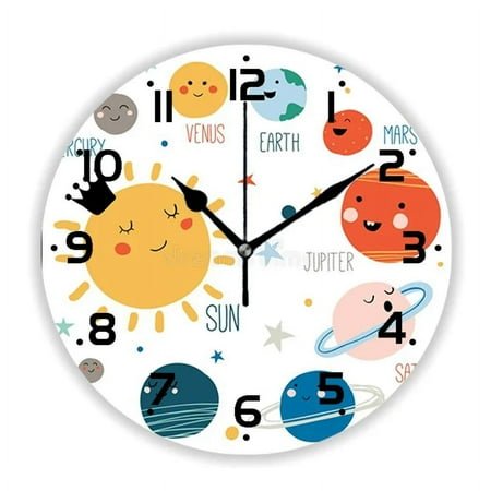 Colorful Cartoon Planets of Solar System Galaxy Universe Wall Clock for Kid Bedroom Boy Nursery Space Cute Watch Home Decor(10 Inch)
