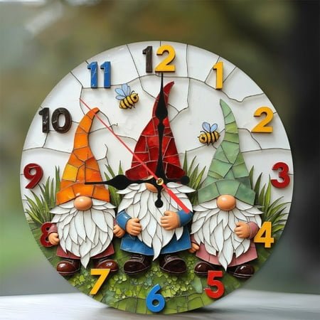 Colorful Ceramic Gnome Wall Clock with Bees Decoration 10-Inch Silent Wooden Wall Clock, Battery Operated (AA Batteries Not Included), Artistic Home Decor
