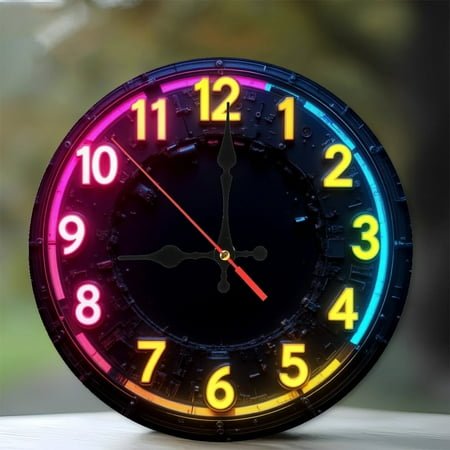 Colorful Neon LED Wall Clock with Unique Design 10-Inch Silent Wooden Wall Clock, Battery Operated (AA Batteries Not Included), Artistic Home Decor