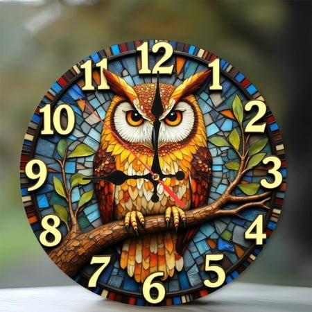Colorful Owl Wall Clock with Unique Design 10-Inch Silent Wooden Wall Clock, Battery Operated (AA Batteries Not Included), Artistic Home Decor