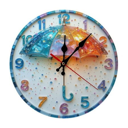 Colorful umbrella on a white background with polka dots, adding a whimsical, cheerful touch. 9.8 - inch decorative silent wall clock