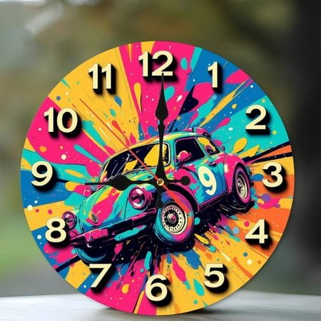 Colorful VW Beetle Car Wall Clock， Pop Art Splash Design 10-Inch Silent Wooden Wall Clock, Battery Operated (AA Batteries Not Included), Artistic Home Decor