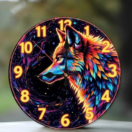 Colorful Wolf Clock 10-Inch Silent Wooden Wall Clock, Battery Operated (AA Batteries Not Included), Artistic Home Decor