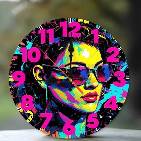 Colorful Woman Sunglasses Wall Clock Pop Art Decor 10-Inch Silent Wooden Wall Clock, Battery Operated (AA Batteries Not Included), Artistic Home Decor