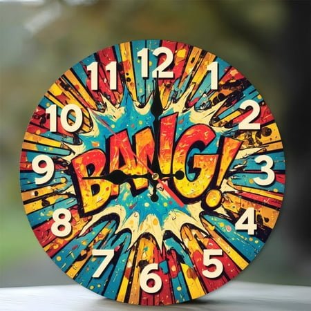 Comic Book Bang Wall Clock Pop Art Style Home Decor 10-Inch Silent Wooden Wall Clock, Battery Operated (AA Batteries Not Included), Artistic Home Decor