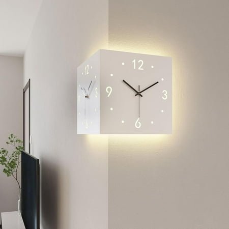Corner Wall Clocks for Living Room Decor, Luxury Corner Wall Clock with Light, 2025 Modern Multi-Function Double Sided Decorative Digital Clock for Study, Entrance(A- White)