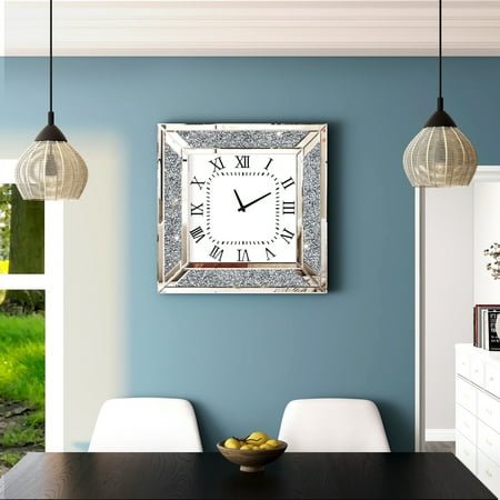 Crush Diamond Mirrored Square Wall Clock with Sparkle Bling Diamond Decor for Wall Decoration 24in