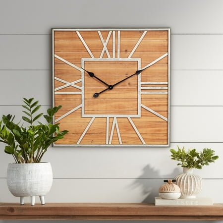 Dahlia Studios Caser Silver Metal and Brown Wood 23 1/2 Square Wall Clock