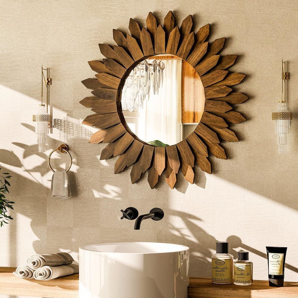 Dark Brown 20 in. W x 20 in. H Sunburst Wood Framed...