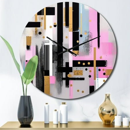 Designart Bold Stripes Pink Gold Elegance Cubism Oversized Wall Clock