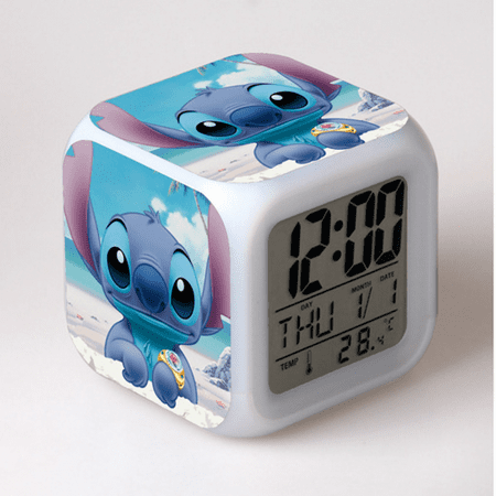 Digital Alarm Clock for Kids, Cartoon Stitch Pattern 7 LED Color Changing Wake Up Clock with Thermometer Function and Night Light, Gift for Boys Girls A93-1869