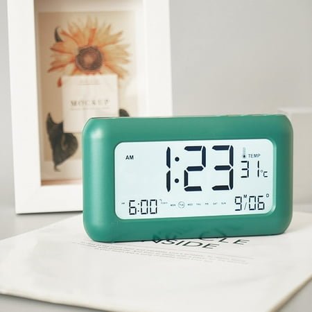 Digital Alarm Clock with Wide Angle LCD Display - Features Temperature Sensor, Date & Time Display, and Rechargeable Design for Bedside Use