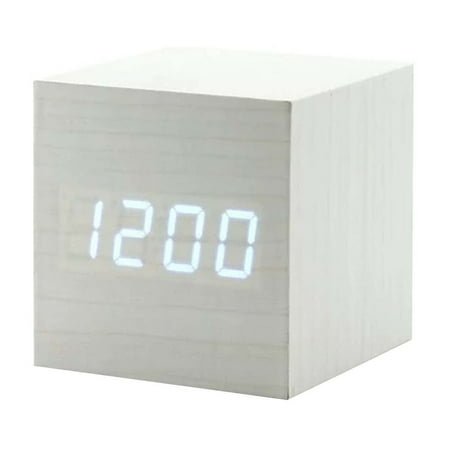 ,Digital Alarm Clock Wood LED Light Cube Alarm Clock Displays Time Date Temperatu