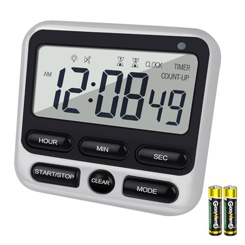 Digital Dual Kitchen Timer with Strong Magnet,24-Hour Countdown & Stopwatch,Loud Alarm,12/24 Hour Clock Switch,Calendar,Visual Indicator Light,Mute Option,3 Placement Options (Batteries Included)