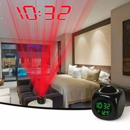 Digital LCD Voice Talking LED Projection Alarm Clock with Temperature Display - Projects Time on Wall/Ceiling, 5 Alarm Sounds, Snooze, Hourly Chime, 1 Pack
