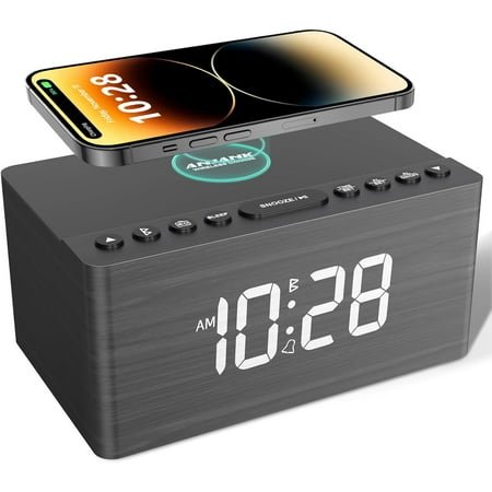 Digital LED Alarm Clock FM Radio, Fast Wireless Charger Station for iPhone/Samsung Galaxy, 5 Level Dimmer, USB Charging Port, 2 Sounds, Sleep Timer for Bedroom, Bedside, Desk - Wood