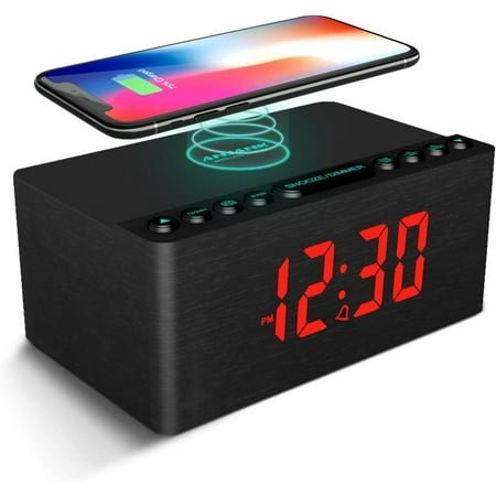 Digital LED Alarm Clock FM Radio, Fast Wireless Charger Station for iPhone/Samsung Galaxy, 5 Level Dimmer, USB Charging Port, 2 Sounds, Sleep Timer for Bedroom, Bedside, Desk - Wood