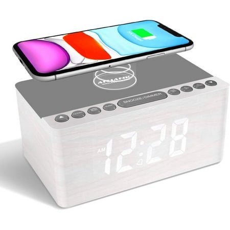 Digital LED Alarm Clock FM Radio, Fast Wireless Charger Station for iPhone/Samsung Galaxy, 5 Level Dimmer, USB Charging Port, 2 Sounds, Sleep Timer for Bedroom, Bedside, Desk - Wood