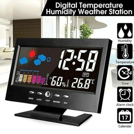 Digital LED Temperature Humidity Weather Table Alarm Clock | LCD Display | 12/24 Hour | Alarm Snooze | Indoor Comfort Monitor | USB Battery Powered | Black | 6x4.6x1.4in