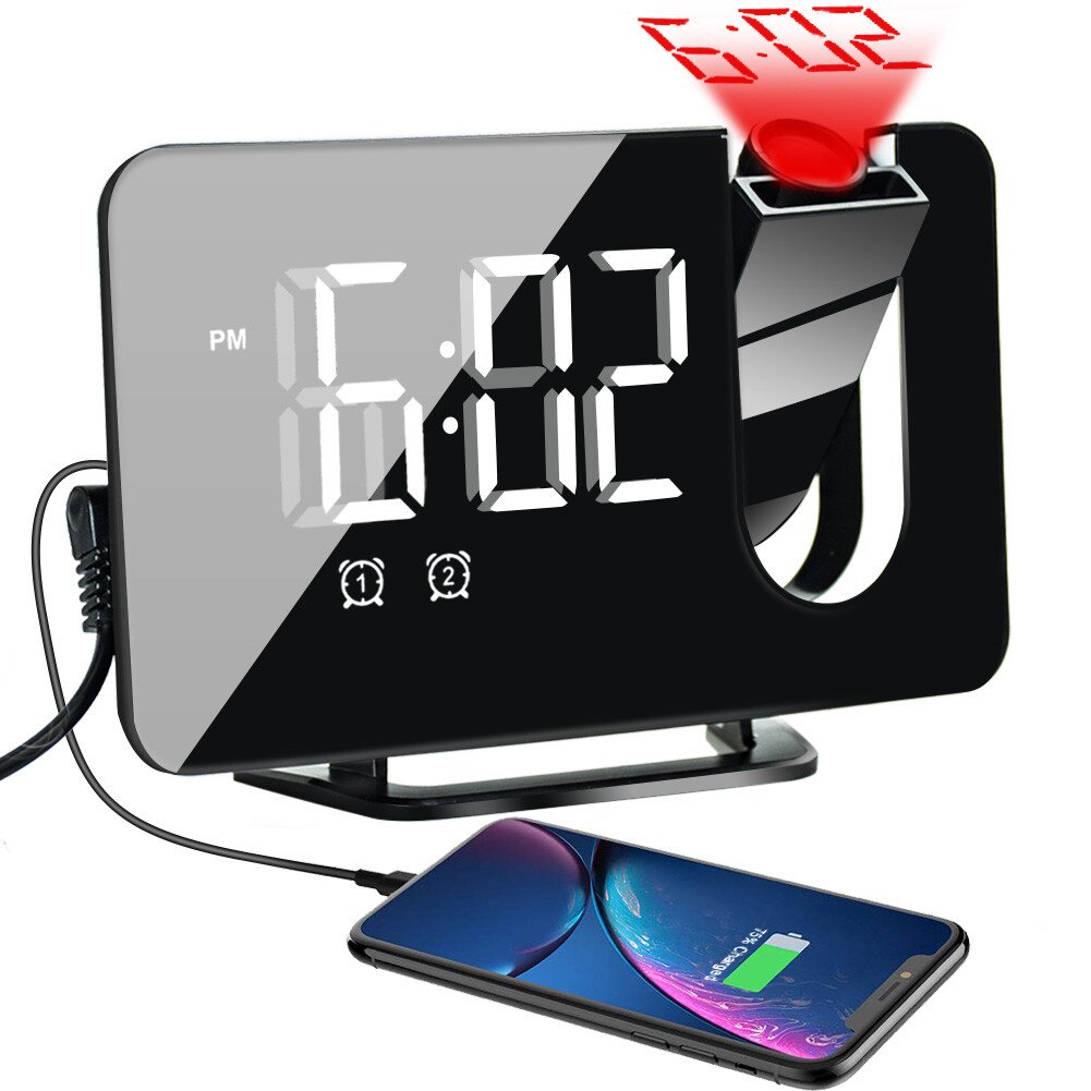 Digital Projection Alarm Clock LED Display Dual Alarm Clock FM Radio USB Charge