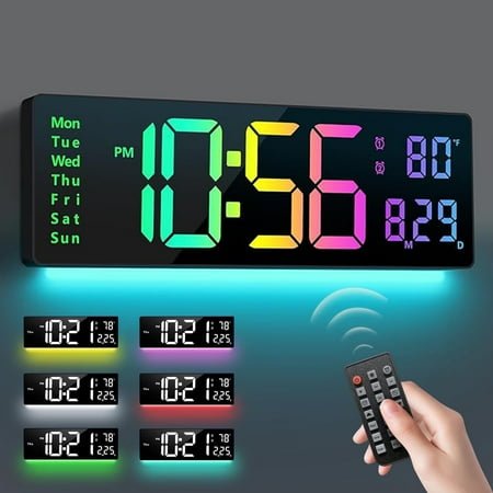 DOQAUS 15 Digital Wall Clock, Large Display LED Digital Clock with Remote Control, for Living Room Decor, Automatic Brightness Dimmer with Date Week Temperature Alarm clock Timer (Orange)