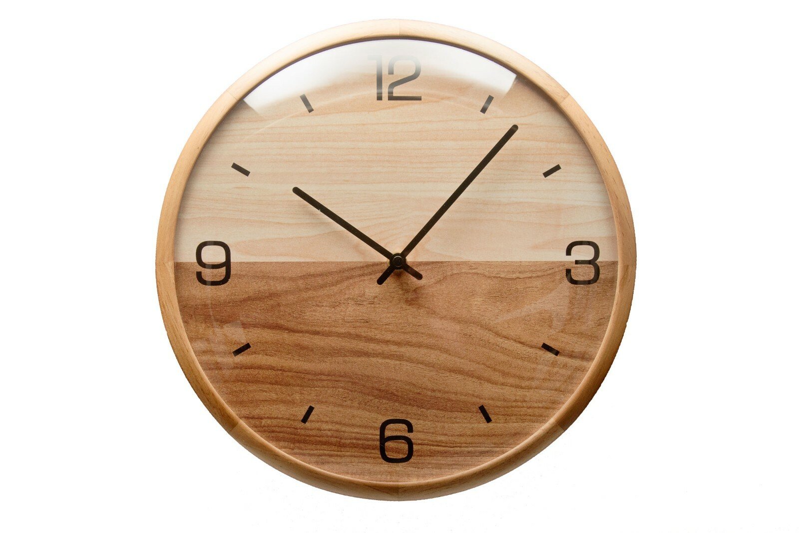 Driini Analog Dome Glass Wall Clock (12") - Pine Wood Frame with Two-Tone Wooden