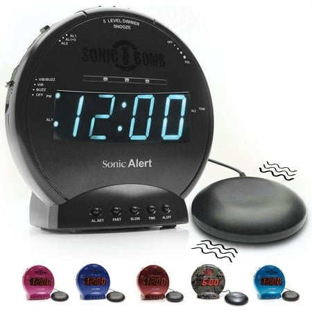 Dual Extra Loud Alarm Clock with Bed Shaker, Black | Sonic Alert Vibrating, Heavy Sleepers, Battery Backup | Wake with a Shake