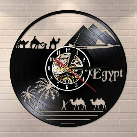 Egypt Theme Pyramid Vintage Vinyl Record Wall Clock Desert World Sahara Camel Decorative Wall Watch Unique Africa Travel Gift