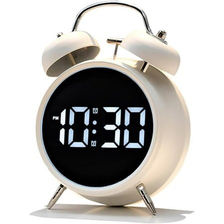 EIKODO-Loud Alarm Clock for Heavy Sleepers Adults, Teens,Kids,Retro Metal Twin Bell 4 Inch,Large Big Numbers Display with Backlight, Small Bedside Digital Clock for Bedrooms (White)